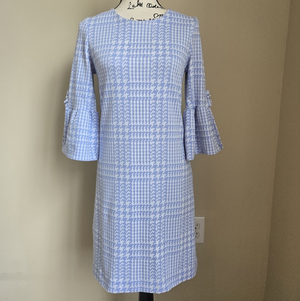Tyler Boe Houndstooth Dress Womens XS Blue Bell Sleeve